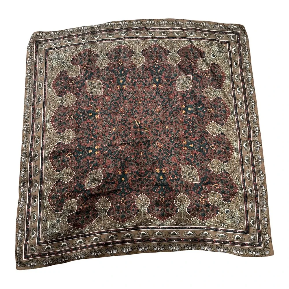 Vintage Style Brown Floral Medallion Square Silk Scarf Boho Earth Tone 34x34